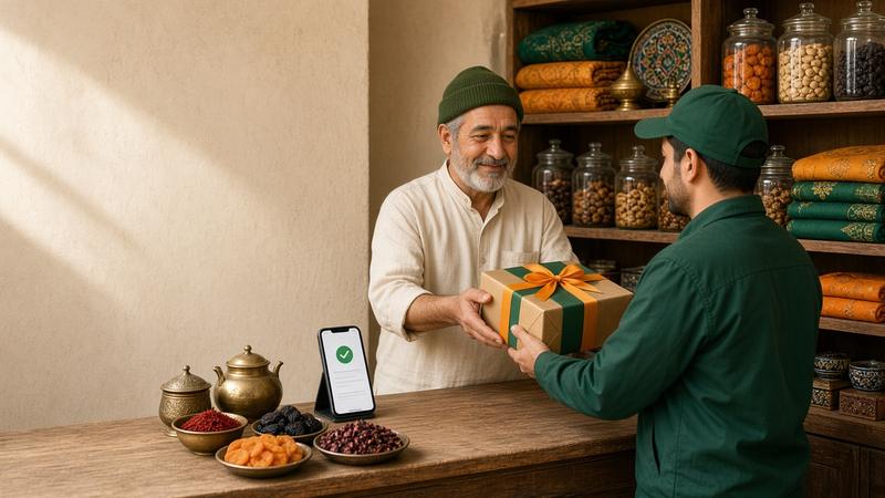 فروشنده‌ای در مغازه‌ی ادویه و خشکبار، بسته‌ای کادوپیچ‌شده را به پیک تحویل می‌دهد